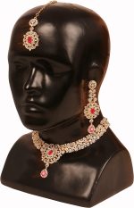 Touchstone Indian Bollywood enchanting floral diamond studded look Rhinestone embellished bridal designer jewelry necklace set for women in silver or white tone. - Image 5
